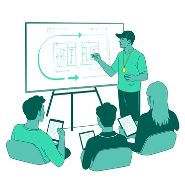 A teal sports coach is standing in front of a whiteboard, intently drawing various plays with a yellow marker. The coach is wearing a sports cap and a whistle around his neck. In the background, several players are seated, attentively watching the whiteboard as they take notes on their tablets. The whiteboard is filled with diagrams of player positions and arrows indicating movement. The lighting focuses on the coach and the whiteboard, creating a dynamic atmosphere of strategy and teamwork.