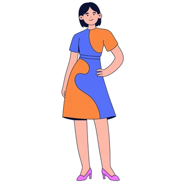 A fashion croquis stands elegantly, showcasing a dress that features bold color blocking. The dress is designed with large sections of contrasting hues, such as vibrant orange and deep blue, creating a striking visual impact. The silhouette of the dress is fitted at the waist and flares out gently toward the hem. The croquis's pose is dynamic, with one hand on the hip, emphasizing the dress's structure. The background is simple and devoid of distractions, ensuring the focus remains on the croquis and the distinctive dress design.