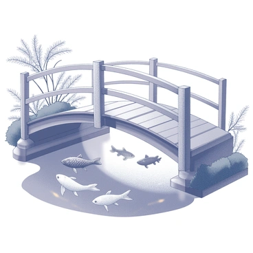 A wooden bridge arching gracefully over a koi pond. The bridge has a curved structure with handrails on either side, intricately carved with floral designs. Below, the pond is filled with koi fish of various sizes, their scales reflecting light. The water is calm, with gentle ripples surrounding the fish. Lush greenery frames the pond, with overhanging branches providing shade. The scene captures the peaceful coexistence of the bridge and the natural elements around it.