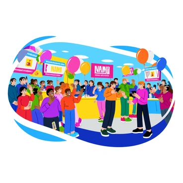 A vibrant scene of a promotional event featuring "Nami" illustrations prominently displayed on large banners and posters. The event is bustling with excited attendees of various ages, some wearing colorful costumes inspired by the character. The atmosphere is lively, with bright decorations and tables showcasing themed merchandise. A group of attendees is gathered around a life-sized cutout of "Nami," taking photos. Balloons float above the crowd, adding to the festive ambiance.