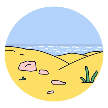 A shimmering mirage appears in the distance, resembling a large body of water. The mirage reflects the bright blue sky, creating an illusion of rippling water. The surrounding arid desert is filled with golden sand dunes, gently rolling beneath the blazing sun. Sparse patches of green vegetation dot the landscape, contrasting with the dry earth. In the foreground, a few scattered rocks can be seen, adding to the barren environment.