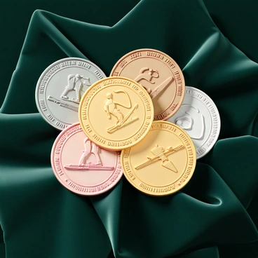 A collection of gold, silver, and bronze medals, each intricately designed with "biathlon imagery" such as a skier and a rifle, arranged artistically on a rich, dark green velvet backdrop. The medals are slightly overlapping, showcasing their shiny surfaces that reflect light. The velvet backdrop has subtle textures that enhance the luxurious feel of the display. The overall composition emphasizes the elegance and achievement represented by the medals.