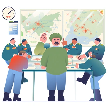A man resembling Stalin with distinct facial features, wearing a military uniform and a prominent fur hat, stands at the center of a war room. Around him are large tables covered with detailed maps showing strategic positions and troop movements. Several military strategists, wearing uniforms, are seated and standing, engaged in discussions while pointing at the maps. A large wall clock displays the time, and a few vintage military decorations adorn the room. The atmosphere is intense and focused as the strategists lean in closer to study the maps.