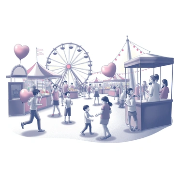 A bustling carnival scene filled with activity. Colorful carnival rides, such as a Ferris wheel and carousel, are prominently displayed. Stalls line the pathways, offering games and snacks, with children and families enjoying the festivities. In the foreground, several "heart-shaped balloons" are floating in the air, held by excited children. Bright lights and decorations add to the festive atmosphere, while people are seen laughing and engaging in various activities throughout the scene.
