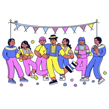 A character resembling "Candide" is wearing a vibrant traditional outfit, which consists of a brightly colored shirt and embroidered trousers. He is surrounded by other dancers, all engaging in a lively group dance. The festival setting includes decorative banners and colorful flowers scattered around. The sky is clear and bright, adding to the festive atmosphere. A few attendees are clapping along, while others cheer with excitement.