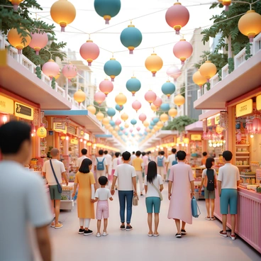 A vibrant street scene during an ASEAN festival, filled with "brightly colored lanterns" hanging above. The lanterns are in various shapes and sizes, including round, oval, and star forms, glowing in hues of red, yellow, blue, and green. Below the lanterns, people are walking, some wearing traditional attire representing different ASEAN countries. Stalls line the street, showcasing colorful decorations, crafts, and local delicacies. The atmosphere is lively, with music playing and families enjoying the festive environment.