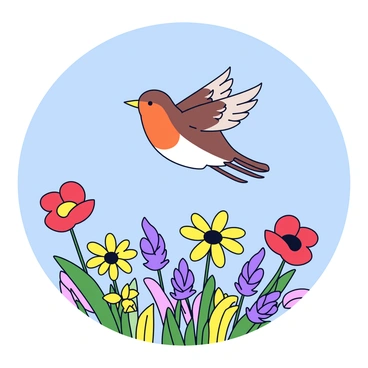 A robin with a bright orange chest is flying gracefully over a colorful field of wildflowers. The flowers consist of various shapes and colors, including yellow daisies, purple lavender, and red poppies. The robin’s wings are outstretched, showcasing its detailed feathers as it glides through the air. The sky above is clear and blue, adding to the vibrant scene below.
