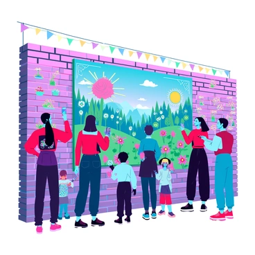 A group of diverse artists is working collaboratively on a large mural on a brick wall outside during a vibrant festival. Each artist is engaged in their creative process, with one painting bold geometric shapes in bright colors, another detailing a lush landscape filled with vivid flowers and birds, and a third applying intricate patterns with a spray can. The wall is alive with a variety of colors, showcasing an explosion of creativity. There are festival decorations, such as colorful banners and balloons, hanging in the background, while a small crowd of onlookers gathers to watch the mural come to life. Some attendees are taking photos, and children are pointing at the artwork in excitement. The sun shines brightly overhead, enhancing the lively atmosphere.