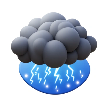 A dramatic thunderstorm with dark, swirling clouds filling the sky. Lightning bolts illuminating the scene with bright flashes. Booming sound waves radiating outward, depicted through visual ripples in the air. Rain falling in thick sheets, creating a sense of movement and intensity.