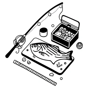 A collection of fishing gear arranged on a flat surface. There is a fishing rod with a medium-action reel attached, featuring guides and a handle with a textured grip. Next to the rod, a tackle box is open, revealing various lures designed for striped bass, including jigs and plugs. A spool of fishing line sits nearby. Several hooks, weights, and bobbers are scattered around the tackle box. A large striped bass is placed on a wooden cutting board, highlighting its distinctive stripes. A measuring tape is laid out next to the fish to indicate its size.