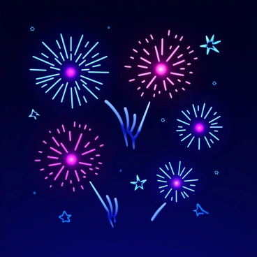 A night sky filled with vibrant fireworks exploding in various colors. Each firework displays a unique shape as it bursts, creating an array of light against the dark background. Surrounding each explosion, there are visual representations of sound waves radiating outward, depicted as concentric circles or lines extending from the center of the burst. The overall composition captures the excitement of the fireworks and the accompanying sound.