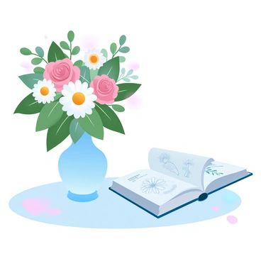 A vase filled with a variety of flowers including roses, daisies, and sunflowers is positioned on a table. The flowers display vibrant colors and lush green leaves. Next to the vase, an open book is gently resting on the table, showcasing detailed illustrations of various flowers and plants. The pages of the book are slightly curled, revealing intricate drawings and annotations. A soft, gradient pastel background enhances the scene.