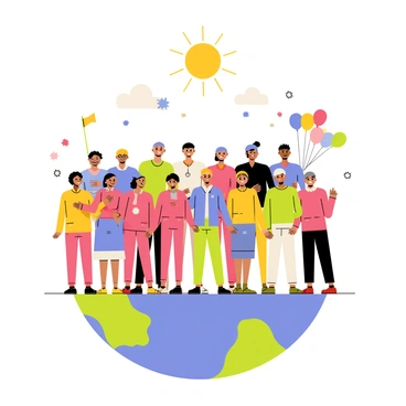 A group of twelve people from different cultures standing together on a flat Earth. Each person wears traditional clothing representative of their culture, showcasing a variety of vibrant colors and patterns. They are smiling and holding hands, symbolizing unity and celebration. Around them, colorful balloons float in the air, and a bright sun shines down from a clear blue sky. Small details like flags and cultural symbols are scattered on the ground, adding to the festive atmosphere.