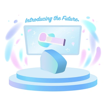 A 3D podium positioned at the center of a spacious event hall. The podium is sleek and modern, crafted from a shiny metallic material. On top of the podium is a new gadget, designed with smooth edges and a vibrant finish, prominently displayed for the audience to see. Behind the podium, a large screen showcases dynamic visuals related to the product, with "Introducing the Future" written in bold letters at the top. Colorful stage lights illuminate the scene, creating an engaging atmosphere for the product launch.