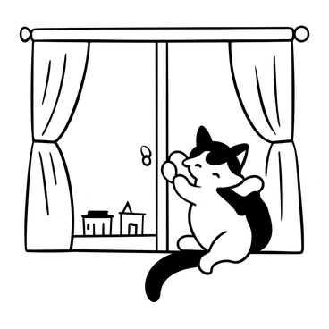 A tom kitten sitting on a windowsill, its fur fluffy and well-groomed. The kitten is in a grooming pose, with one paw raised to its face, showcasing its meticulous cleaning habits. The window is framed with soft curtains that gently sway in a light breeze. Outside the window, there are faint outlines of trees and rooftops, indicating the dusk setting. The soft light creates delicate shadows around the kitten, enhancing the serene atmosphere of the moment.