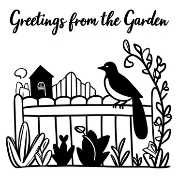 A vintage-style postcard depicting a black-and-white illustration of a blue jay perched on a wooden fence. The rustic garden features various plants and flowers, with visible textures of leaves and petals. In the background, a small rustic shed can be seen partially obscured by climbing vines. The words "Greetings from the Garden" are elegantly displayed at the top of the postcard.