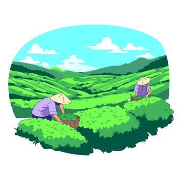 A lush green tea plantation stretches across the landscape under a bright blue sky. Rows of meticulously maintained tea bushes create a uniform pattern across the rolling hills. In the distance, several workers wearing wide-brimmed hats bend over to carefully pick the vibrant green tea leaves, their baskets filled with fresh harvest. The sun casts warm light over the scene, illuminating the rich green foliage and creating a lively atmosphere of productivity.