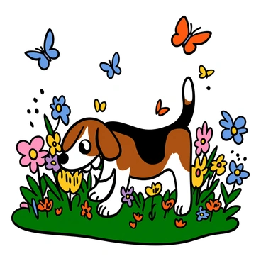 A beagle with brown and white fur is exploring a vibrant flower-filled garden. The beagle has big eyes and floppy ears, sniffing the colorful flowers that bloom all around. Various butterflies in shades of blue, yellow, and orange are fluttering in the air, occasionally landing on the flowers. The garden is lush with greenery, and the sunlight casts a warm glow across the scene, enhancing the colors of the flowers and the playful movements of the butterflies.