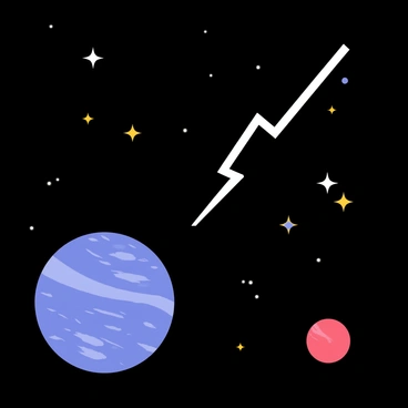 A bright white lightning bolt streaks diagonally across a dark cosmic background. The bolt connects several small, twinkling stars scattered throughout the black void of outer space. A large blue planet with swirling clouds and rings is positioned prominently in the foreground. Nearby, a smaller red planet and a cluster of glowing stars create a dynamic scene, enhancing the sense of movement and connection in the vast universe.