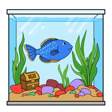 A vibrant fish with iridescent scales is swimming gracefully through a clear aquarium filled with colorful rocks and lush green plants. The fish is predominantly blue with hints of yellow and orange on its fins. Surrounding it, there are various smooth pebbles in shades of red, purple, and green scattered across the aquarium floor. Tall, leafy green plants with flowing fronds rise from the substrate, swaying gently with the water's movement. Brightly colored decorations, like small sunken treasure chests and starfish, add to the lively underwater scene. Sunlight filters through the water, creating shimmering patterns on the aquarium glass.