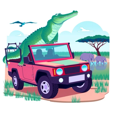 A large green crocodile with textured skin is perched on the hood of a rugged safari jeep. The jeep, painted in earthy tones and equipped with off-road tires, is parked on a dirt path surrounded by tall grasses and acacia trees. The crocodile is looking intently at a herd of wildebeests grazing nearby under a clear blue sky. In the background, a few elephants can be seen drinking from a waterhole, while birds fly overhead. The scene conveys the vibrant activity of wildlife in their natural habitat.
