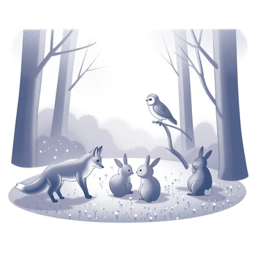 A forest clearing bathed in sunlight, with various forest creatures gathered together. In the foreground, a curious fox stands on its hind legs, peering at a group of rabbits sitting in a circle. Nearby, a wise owl perches on a low branch, observing the gathering with interest. The ground is covered in lush grass, and small wildflowers dot the clearing. In the background, tall trees rise, their leaves whispering in the gentle breeze. A sense of lively interaction fills the scene as the creatures engage with one another.