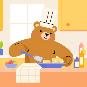 A brown bear wearing a tall white chef's hat stands at a wooden kitchen counter. The bear is flipping a pancake in a frying pan with a spatula. The kitchen is warm and inviting, featuring wooden cabinets and a checkered tablecloth on the table. There are bottles of syrup and a bowl of fresh fruits on the counter. Sunlight filters through a window, casting a soft glow on the scene. The bear has a friendly expression, focused on the task of making pancakes.