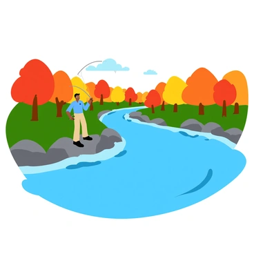 A wide river bend flows through the scene, reflecting the vibrant colors of autumn. The banks of the river are lined with trees displaying a mix of red, orange, and yellow leaves. A fisherman stands on a rocky shore, wearing a light blue shirt and beige fishing pants. He holds a fishing rod, casting into the water. The rocks are various shades of gray and brown, with some patches of green moss. The sky above is clear and bright, enhancing the colorful foliage and the shimmering surface of the river.