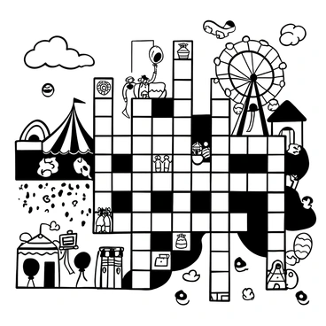 A large crossword puzzle with interlocking black squares and white squares forming the words. Each clue is represented by an illustrated element from a festival scene. There is a large Ferris wheel in the background, with multiple gondolas extended. A colorful tent is visible, adorned with festive banners, and a crowd of people holding balloons is gathered around. The ground is textured with a pattern of footprints, and food stalls with oversized items like hot dogs and cotton candy are scattered throughout the scene.