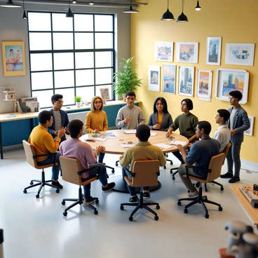 A spacious studio filled with vibrant colors, featuring large windows that let in natural light. In the center, a round table is surrounded by diverse individuals, including agents and artists. The agents are dressed in professional attire, while the artists wear casual, creative clothing. On the walls, there are various artworks displayed, showcasing a range of styles and techniques. Some individuals are sharing ideas animatedly, while others take notes or sketch on paper. Art supplies, such as paintbrushes and sketchpads, are scattered around the table, adding to the creative atmosphere.