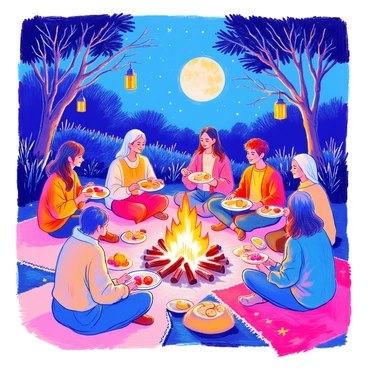 A diverse community gathering takes place under a starry night sky. There are people of various genders and ethnicities sitting in a circle around a bright bonfire, which casts warm light on their faces. Each person holds a plate filled with different types of food, including fruits, bread, and stews. Some individuals are engaged in animated conversations, while others listen intently, sharing stories and laughter. In the background, trees are silhouetted against the moonlight, and a few lanterns hang from branches, adding a soft glow to the scene. Blankets are spread on the ground, enhancing the sense of warmth and community.