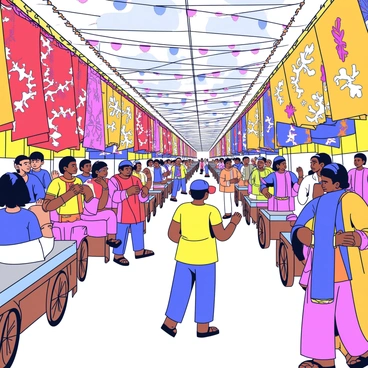 A bustling ancient Indian bazaar filled with merchants showcasing their wares. Several merchants are engaged in lively discussions, displaying luxurious silk cloth in vibrant colors such as deep red, royal blue, and shimmering gold. The silk cloth features intricate patterns and designs, draped elegantly over their stalls. The bazaar is lined with wooden carts and decorative fabrics hanging overhead. People in traditional attire are seen browsing the stalls, examining the texture of the silks and negotiating prices. Sunlight filters through the colorful fabric overhead, creating a warm and inviting atmosphere.