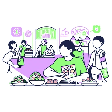 An artist is creating illustrations of various dishes at a food festival in Toronto. The artist is seated at a table with a sketchbook and colored pencils. In front of the artist, there are several enticing dishes displayed, including a plate of gourmet tacos with vibrant toppings, a bowl of colorful pasta, and a stack of decadent desserts. The atmosphere around the artist is lively, with festival-goers sampling food and enjoying live music. Banners and signs advertising different food vendors are visible in the background.