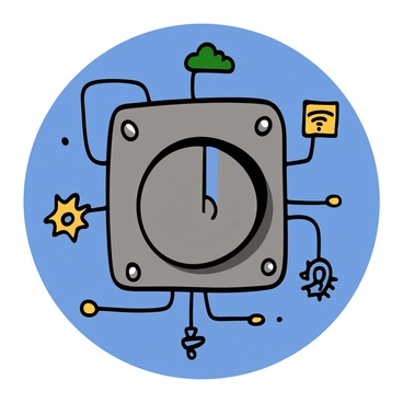 A close-up of an analog switch with a metallic finish, being turned to the right. The switch is half in the analog position, with visible markings, and half in the digital position, glowing softly with a blue light. Surrounding the switch are circuit patterns that suggest digital technology, with small icons like a cloud, a gear, and a wifi symbol. The background is a smooth gradient transitioning from dark gray to bright blue, symbolizing transformation.