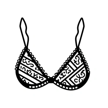 A bra designed with intricate patterns reminiscent of various world traditions. The fabric features detailed motifs such as geometric shapes, floral designs, and tribal symbols. The straps are elegantly crafted, with traditional knotting techniques visible in their design. The overall structure is classic yet artistic, with a delicate lace trim outlining the edges. Each section of the bra displays different cultural influences, showcasing a rich tapestry of global heritage.