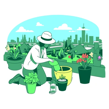 A green rooftop garden filled with various potted plants and colorful flowers is situated atop a city building. In the center of the garden, a person with a sun hat is kneeling down, carefully watering a vibrant yellow pot filled with bright green herbs. Surrounding the person are additional pots showcasing an array of plants, some with red and pink blossoms. In the background, the skyline of the city is visible, with tall buildings and a clear blue sky. The person is wearing a light-colored shirt and is focused on nurturing the plants in this urban oasis.