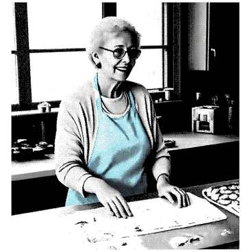 An elderly woman with gray hair is standing in a cozy kitchen, wearing a light blue apron covered in white flour. She is focused on rolling out dough on a wooden countertop. Around her, there are various cookie cutters in different shapes scattered across the surface. A tray of freshly baked cookies sits nearby, and the warm glow of a window illuminates the scene, highlighting the inviting atmosphere. The woman has a gentle smile as she prepares the holiday treats.