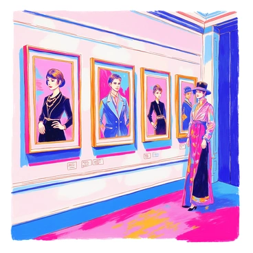 A gallery wall adorned with illustrated portraits of "iconic fashion figures from history." Each portrait features a different figure in a vibrant color palette. The first portrait showcases "Coco Chanel" wearing a classic black dress, with her signature pearls and a stylish bob haircut. Next to her is "Christian Dior" dressed in a tailored suit, exuding elegance with a stylish hat. The third portrait illustrates "Audrey Hepburn" in her iconic little black dress, her hair elegantly styled, and a charming smile. The fourth portrait displays "Alexander McQueen" adorned in a dramatic ensemble, showcasing bold patterns and textures. The backgrounds of each portrait include subtle hints of patterns reflecting the personalities of these fashion icons.