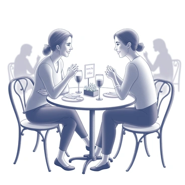 A couple is seated at a small, round bistro table with elegant, intricate metalwork. The table is set with two sparkling wine glasses, reflecting light. On the table, there is a small sign that reads "Save the Date" placed in a decorative holder, surrounded by a few delicate flowers. The couple is engaged in conversation, smiling at each other, with a cozy atmosphere around them. A light breeze rustles the napkins on the table, adding to the intimate setting. The background features blurred outlines of other tables and patrons, enhancing the charm of the bistro.