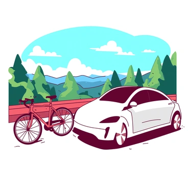 A red bicycle is parked on the side stand next to a white electric car, both positioned at a scenic overlook. The overlook features a panoramic view of rolling hills and a bright blue sky dotted with a few fluffy clouds. In the background, there are lush green trees framing the scene, while the sun casts a warm glow over the landscape. The bicycle is leaning slightly to the left, with its handlebars turned towards the car, and the electric car has sleek modern lines, with its windows reflecting the surrounding beauty.