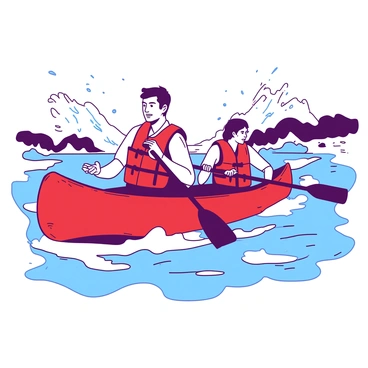 Two canoers wearing bright red life jackets are paddling in sync as they navigate a series of turbulent whitewater rapids. The first canoer is in the front, leaning slightly forward with a focused expression, while the second canoer is in the rear, rowing powerfully with a strong grip on the paddle. The canoe is a vibrant color, contrasting with the white frothy water around it. The background features splashes of water cascading over rocks, enhancing the intense action of the scene.