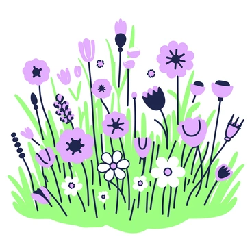 A collage of wildflowers blooms across a meadow on an illustration board. The flowers vary in shapes and sizes, with some featuring round petals while others have elongated ones. The wildflowers include daisies, poppies, and cornflowers, creating a vibrant patchwork. The background of the meadow is filled with lush green grass, where some wildflowers stand taller than others. The illustration board has a textured surface, enhancing the details of each flower and the surrounding meadow.
