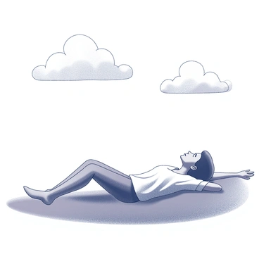 A person is lying back on a grassy hill. The individual is positioned comfortably, with arms stretched out beside them. Their face is turned upward, focused on the sky above. The grass is lush and textured, creating a detailed surface beneath the person. Soft, fluffy clouds drift lazily in the sky, varying in shape and size, casting gentle shadows on the ground. The horizon is visible in the distance, adding depth to the scene.