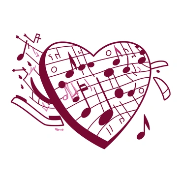 A collection of music notes in various sizes is arranged to form a heart shape, with sharp edges and curves that create the outline of the heart. Within the heart, some notes are solid and visible, while others appear faded, suggesting a sense of disruption. Scattered around the heart, several individual music notes float in different orientations, as if they have been dispersed from the heart's structure. The overall composition captures the dynamic movement of music.