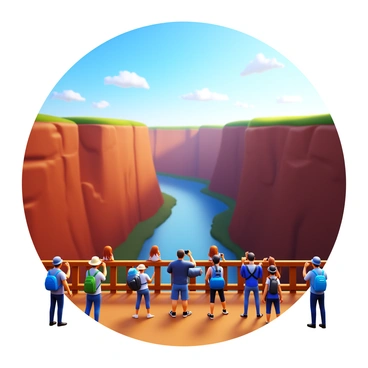 A scenic viewpoint overlooking a "stunning chasm". The viewpoint features a sturdy railing made of wood, providing safety for visitors. A group of "tourists" stands near the edge, some taking photographs while others admire the vastness of the chasm. The chasm has steep cliffs and a river flowing at the bottom, creating a sense of depth. The sky is clear with a few fluffy clouds, and the sun casts warm light over the landscape. Some tourists are wearing hats and sunglasses, while others have backpacks.