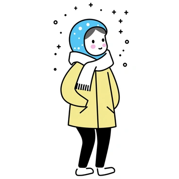 A girl wearing a patterned hijab is standing outside. She is dressed in a warm winter coat with a fur-lined hood, and a thick scarf wrapped around her neck. Soft snowflakes are gently falling around her, accumulating on her shoulders and the ground. She has a serene expression on her face, and her cheeks are slightly flushed from the cold. The scene is filled with a calm atmosphere created by the white snow covering the landscape.