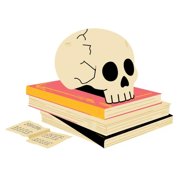 A detailed human skull with visible cracks and an aged appearance is resting on a stack of ancient books. The books have worn, faded covers with intricate gold lettering and decorative designs. The stack is uneven, with the top book opened slightly, revealing yellowed pages. A few loose pages are scattered around, showing faded illustrations and text. The scene is illuminated by a soft, warm light that highlights the textures of the skull and the aged surfaces of the books.