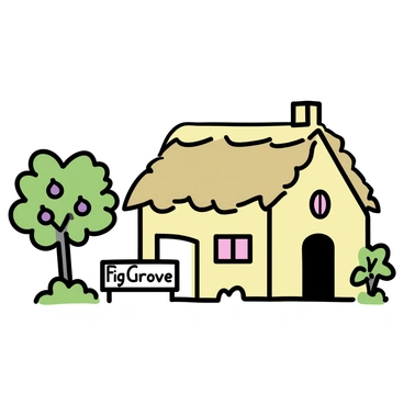 A quaint countryside cottage, constructed from warm beige stones and featuring a thatched roof. The cottage is set against a backdrop of lush greenery, with several fig trees bearing ripe fruit surrounding the property. A small wooden sign, weathered and rustic, is positioned near the entrance, clearly displaying the words "Fig Grove." The scene captures the charm of rural life, inviting and tranquil.