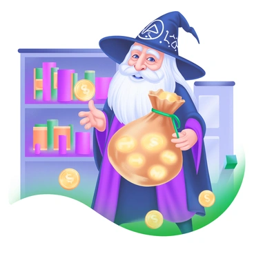 An elderly wizard with a long, white beard and a majestic robe stands confidently, holding a large, tattered money bag overflowing with glowing coins. The coins emit a soft, golden light, illuminating the wizard's wrinkled hands. The wizard's pointed hat is slightly askew, adorned with mysterious symbols. In the background, there are shelves filled with ancient tomes and magical artifacts, adding to the enchanting atmosphere. A few shimmering coins are scattered around his feet, reflecting the glow from the bag.