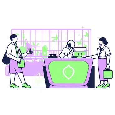 An elegant airport concierge desk is prominently placed in a bustling terminal. The desk is made of polished wood and features a sleek design, with a glowing logo on the front. Behind the desk, two staff members are engaged in organizing transport services. One staff member, wearing a formal uniform, is speaking to a traveler, gesturing towards a digital display that shows various transport options. The other staff member is answering a phone call while typing information into a computer. In the background, large windows reveal airplanes on the runway, and passengers are seen moving through the terminal.